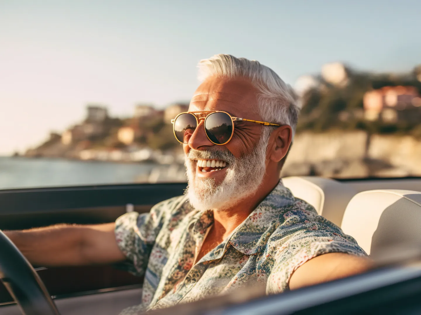 A man smiling driving a convertible seaside.
