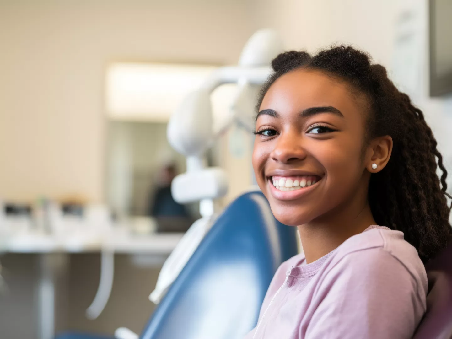 Tean girl sitting in an exam chair smiling.